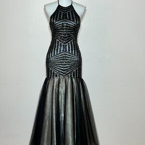 Deb Black Sequin Mermaid Gown with Halter Top  Size 1/2